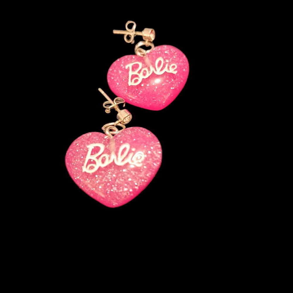 Barbie Pink Heart Shaped Glitter Rhinestone Stud Earrings.